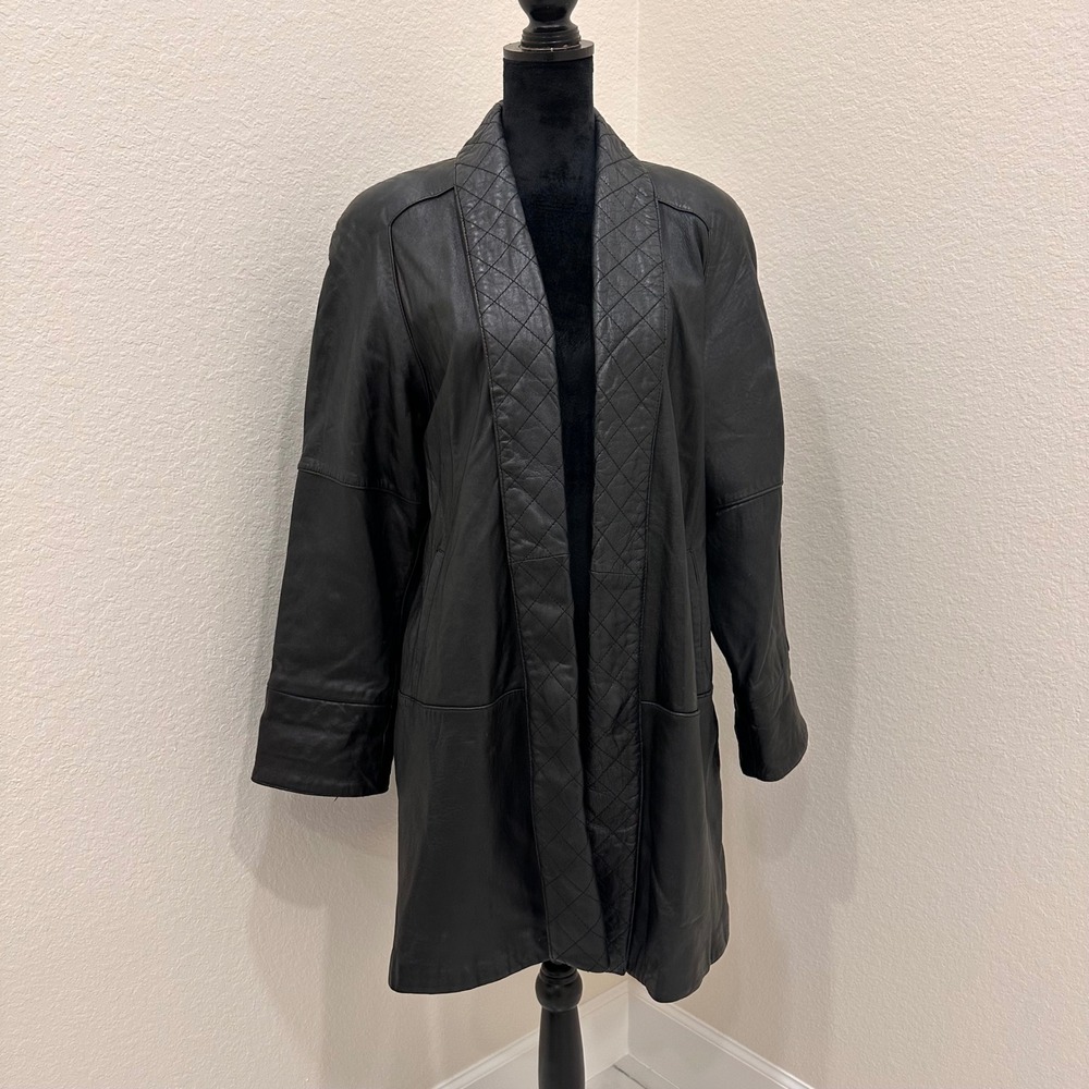 Vintage Tibor Black Open Long Leather Coat‎ Jacket Shoulder Pads Women's S Korea